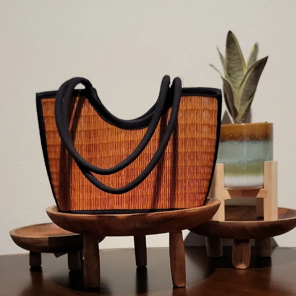Tan and Black Woven Tote Bag with Structured Design